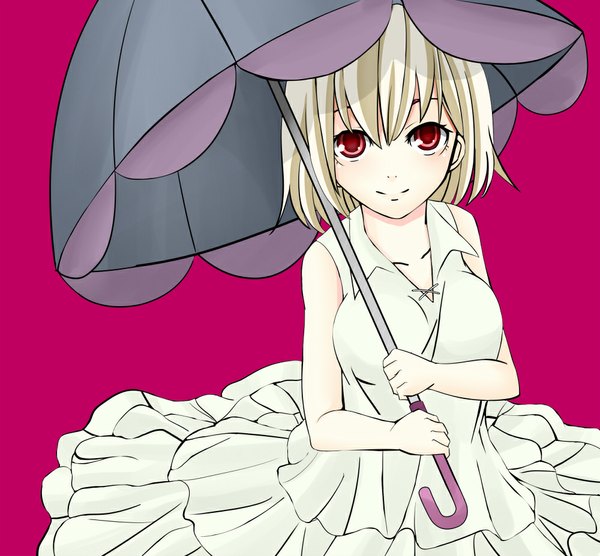 Anime picture 1000x928 with original omikawa namari single looking at viewer short hair breasts simple background smile red eyes large breasts holding white hair pink background girl dress white dress umbrella