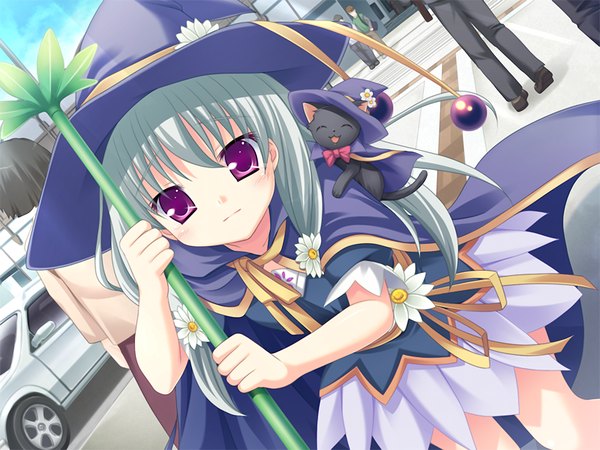Anime picture 1024x768 with marguerite sphere marguerite (marguerite sphere) yuyi long hair looking at viewer game cg outdoors pink eyes grey hair loli leaning leaning forward solo focus animal on shoulder girl animal cat witch hat