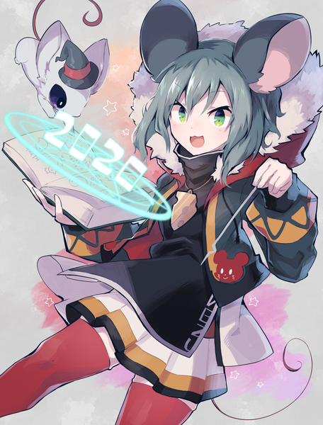 Anime picture 700x920 with original sasa onigiri single tall image fringe short hair open mouth hair between eyes green eyes animal ears looking away tail :d animal tail grey hair open jacket 2020 mouse ears mouse tail mouse girl