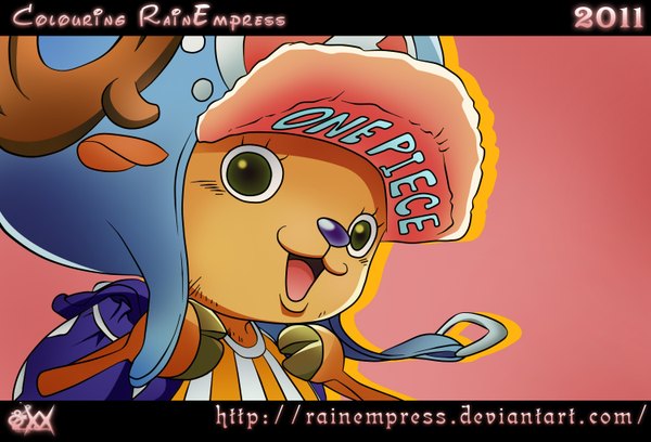 Anime-Bild 1500x1022 mit one piece toei animation tony tony chopper rainempress single looking at viewer open mouth simple background smile green eyes horn (horns) coloring portrait pink background red background 2011 animal headdress