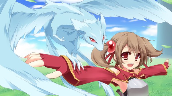 Anime picture 1600x900 with sword art online a-1 pictures silica pina (sao) taletale single blush short hair open mouth red eyes brown hair wide image twintails armpit (armpits) girl gloves fingerless gloves dragon
