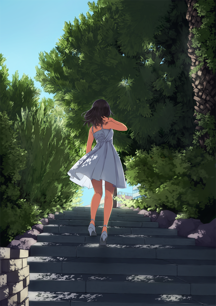 Anime picture 919x1300 with original aiwa (artist) single long hair tall image black hair sky full body outdoors arm up wind from behind shadow high heels adjusting hair arm behind head walking nature girl dress