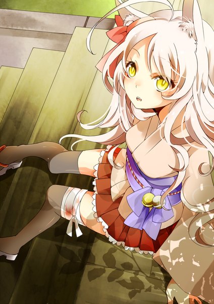 Anime picture 867x1227 with original mashiro aa single long hair tall image looking at viewer fringe open mouth blonde hair sitting animal ears yellow eyes traditional clothes japanese clothes pleated skirt from above cat ears shadow girl thighhighs