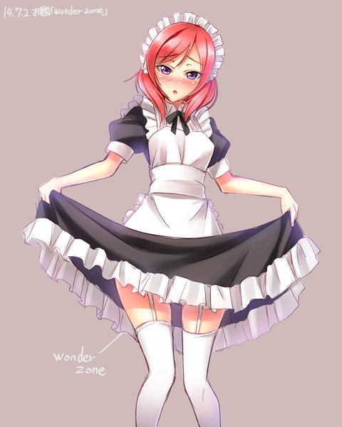 Anime picture 1240x1550 with love live! school idol project sunrise (studio) love live! nishikino maki yu-ta single tall image looking at viewer blush short hair open mouth simple background purple eyes red hair :o maid embarrassed girl dress headdress