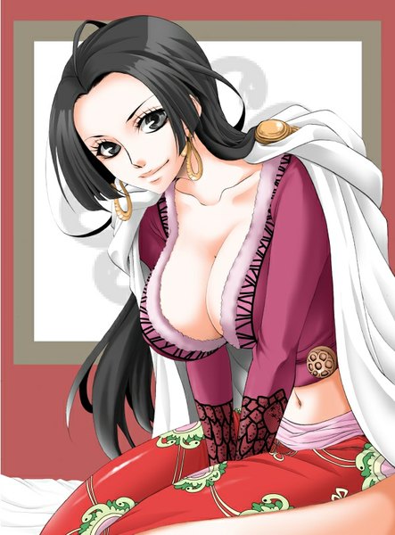 Anime picture 600x811 with one piece toei animation boa hancock chikaburo single long hair tall image looking at viewer breasts light erotic black hair smile large breasts sitting cleavage ahoge black eyes bare belly girl navel