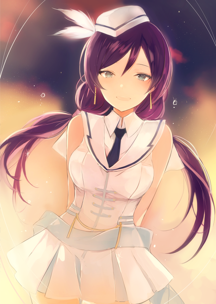 Anime picture 600x842 with love live! school idol project sunrise (studio) love live! toujou nozomi lpip single long hair tall image looking at viewer blush fringe breasts open mouth smile hair between eyes twintails bare shoulders green eyes sky purple hair