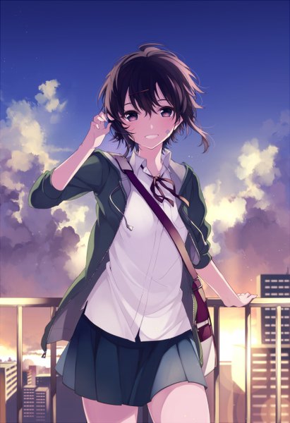 Anime picture 896x1308 with original umiko (munemiu) single tall image looking at viewer blush fringe short hair black hair smile hair between eyes standing purple eyes sky cloud (clouds) pleated skirt open clothes arm support open jacket city
