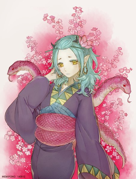 Anime picture 614x809 with hoozuki no reitetsu wit studio okou (hoozuki no reitetsu) memipong single long hair tall image signed yellow eyes looking away traditional clothes japanese clothes hair flower pointy ears aqua hair cherry blossoms adjusting hair eyebrows demon girl eyeshadow