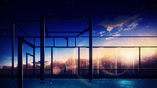 Anime picture 2560x1440 with original y y (ysk ygc) single highres wide image standing sky cloud (clouds) wallpaper lens flare evening sunset scenic silhouette girl dress petals water star (stars) sun