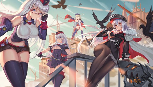 Anime picture 3810x2168 with azur lane graf zeppelin (azur lane) z23 (azur lane) gneisenau (azur lane) scharnhorst (azur lane) god hunter long hair looking at viewer blush fringe highres breasts blue eyes light erotic blonde hair hair between eyes red eyes wide image large breasts standing
