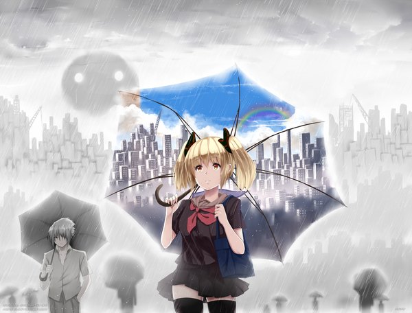 Anime picture 2300x1750 with original hews fringe highres blonde hair red eyes twintails holding looking away silver hair light smile zettai ryouiki city rain hand in pocket walking transparent umbrella borrowed character double exposure sky print