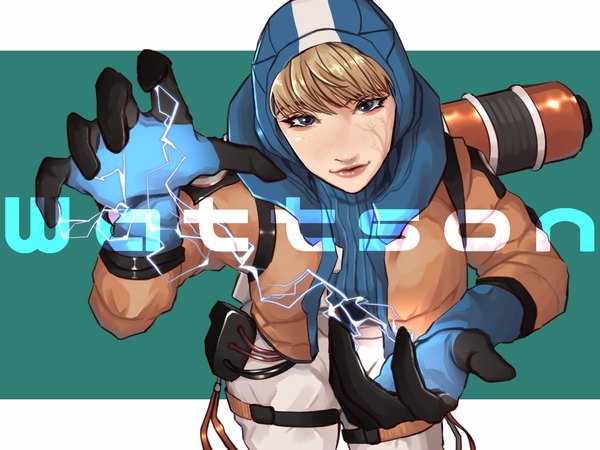 Anime picture 1600x1200 with apex legends wattson (apex legends) ukiyo okashi single looking at viewer short hair blue eyes simple background blonde hair character names outside border aqua background girl gloves hood multicolored gloves
