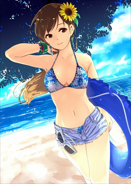 Anime picture 714x1000 with gustav (telomere na) single long hair tall image looking at viewer breasts light erotic brown hair brown eyes sky cloud (clouds) hair flower sunglasses removed girl navel hair ornament flower (flowers) swimsuit bikini sea
