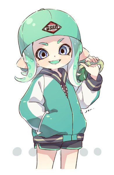 Anime-Bild 653x1000 mit splatoon splatoon 2 nintendo octoling takozonesu sen squid single tall image looking at viewer short hair open mouth simple background white background purple eyes pointy ears aqua hair hand in pocket tentacle hair girl jacket