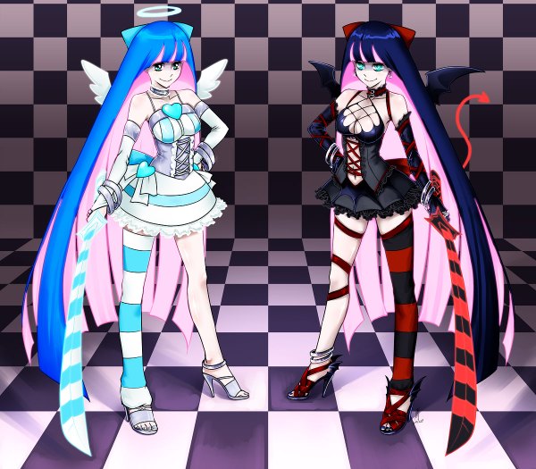 Anime picture 1200x1050 with panty & stocking with garterbelt anarchy stocking antaria long hair multiple girls green eyes blue hair pink hair multicolored hair hand on hip colored inner hair demon tail checkered background symmetry girl thighhighs weapon 2 girls sword wings
