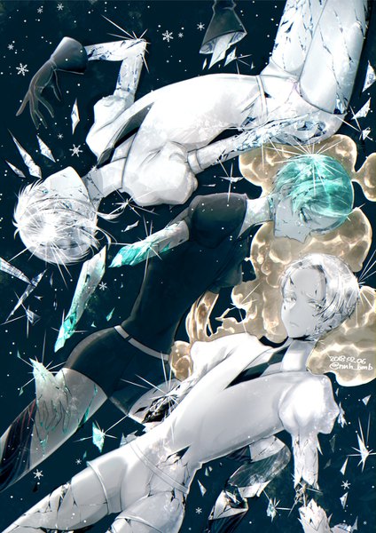Anime picture 1000x1414 with houseki no kuni phosphophyllite antarcticite cairngorm (houseki no kuni) morino bambi tall image short hair signed silver hair profile aqua eyes aqua hair sparkle puffy sleeves twitter username dated silver eyes androgynous amputee gloves