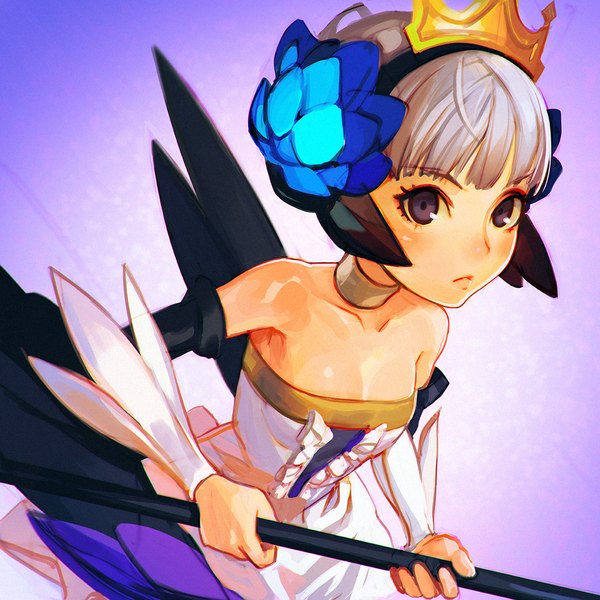 Anime picture 1080x1080 with odin sphere vanillaware gwendolyn ilya kuvshinov single looking at viewer blush fringe short hair purple eyes bare shoulders holding white hair girl hair ornament weapon detached sleeves wings choker feather (feathers)