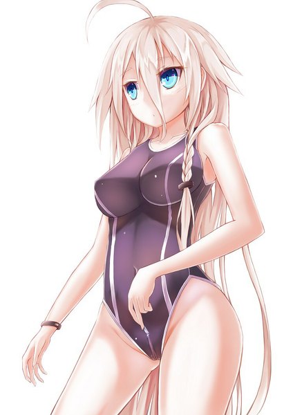 Anime picture 744x1053 with vocaloid ia (vocaloid) dying0414 tall image fringe blue eyes light erotic simple background hair between eyes white background looking away pink hair ahoge braid (braids) very long hair girl swimsuit bracelet one-piece swimsuit scrunchie