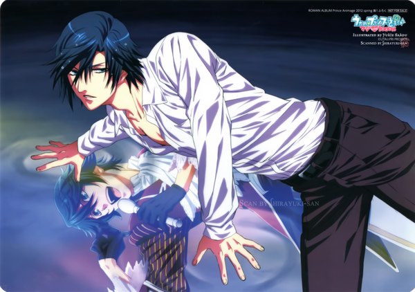Anime picture 7268x5123 with uta no prince-sama a-1 pictures ichinose tokiya single highres short hair blue eyes blue hair looking away absurdres lying scan reflection dark background striped reclining open collar singing boy gloves
