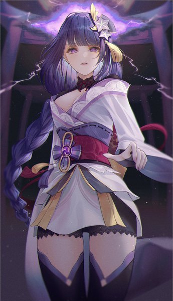 Anime picture 1151x2000 with genshin impact raiden shogun orecalc3092 single long hair tall image looking at viewer fringe breasts standing purple eyes purple hair blunt bangs braid (braids) traditional clothes parted lips japanese clothes mole wide sleeves mole under eye