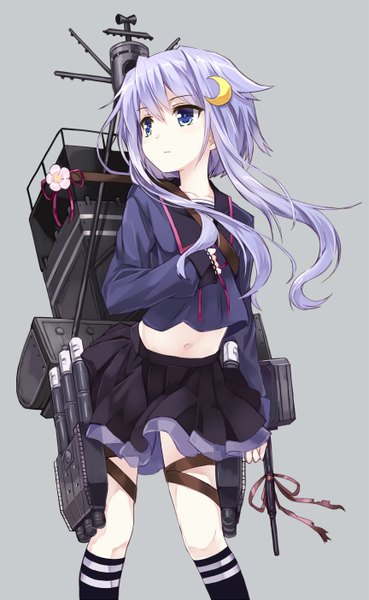 Anime picture 863x1400 with kantai collection yayoi destroyer orda single tall image blue eyes simple background looking away purple hair grey background bare belly crescent girl skirt navel hair ornament flower (flowers) ribbon (ribbons) weapon miniskirt