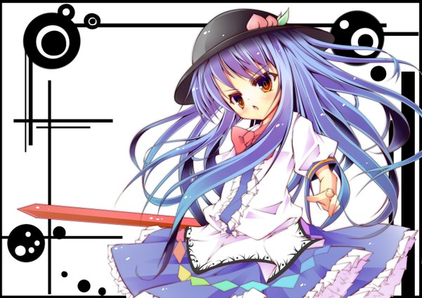 Anime picture 1414x1000 with touhou hinanawi tenshi gamuo single long hair blush red eyes blue hair girl dress weapon hat sword hisou no tsurugi