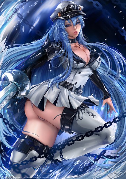 Anime picture 1000x1414 with akame ga kill! white fox esdeath javier estrada single tall image looking at viewer fringe breasts blue eyes light erotic hair between eyes large breasts holding cleavage bent knee (knees) very long hair parted lips realistic tattoo
