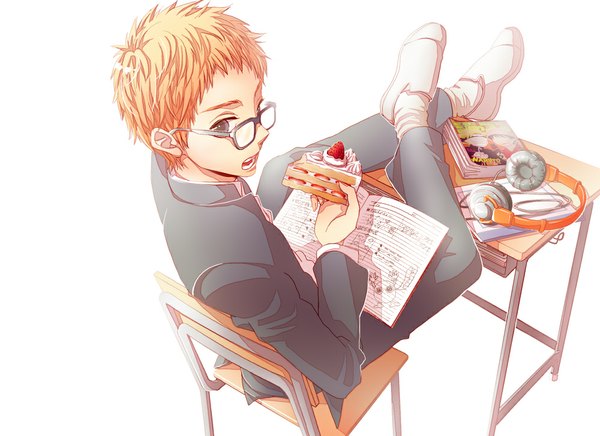 Anime picture 1000x727 with haikyuu!! production i.g tsukishima kei tagme (artist) single looking at viewer short hair simple background blonde hair white background sitting from behind orange hair teeth grey eyes annoyed boy uniform school uniform glasses