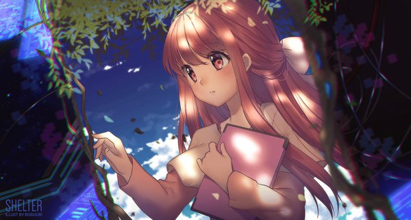 Anime picture 1300x699 with shelter (music video) rin (shelter) rosuuri single long hair blush red eyes brown hair wide image cloud (clouds) parted lips sunlight copyright name half updo girl dress ribbon (ribbons) bow hair bow hair ribbon