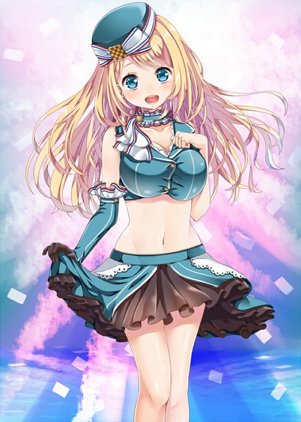 Anime picture 800x1120 with kantai collection atago heavy cruiser single long hair tall image looking at viewer open mouth blue eyes blonde hair midriff girl skirt gloves navel elbow gloves beret