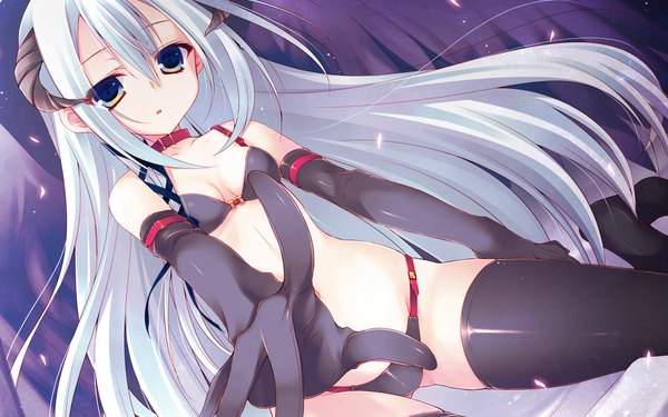 Anime picture 1920x1200 with seirei tsukai no blade dance terminus est sakura hanpen single long hair looking at viewer fringe highres breasts blue eyes light erotic hair between eyes sitting silver hair parted lips horn (horns) outstretched arm wariza pointing girl