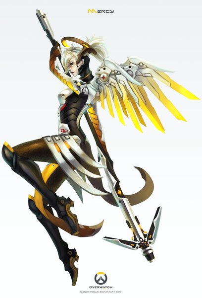 Anime picture 2384x3508 with overwatch blizzard entertainment mercy (overwatch) monori rogue single tall image highres short hair simple background white background green eyes white hair profile lips mechanical wings girl wings suit staff mechanical halo