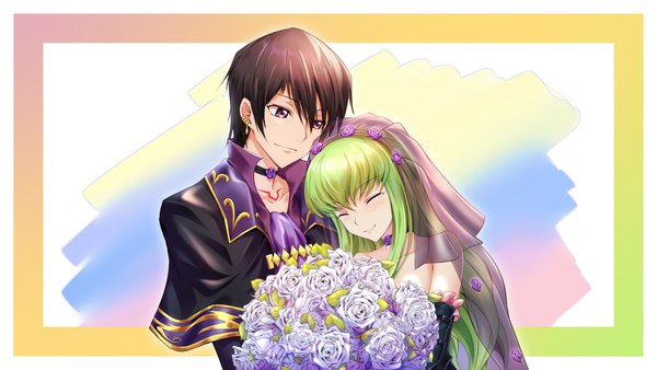 Anime picture 1920x1080 with code geass sunrise (studio) c.c. lelouch lamperouge d-l-l long hair blush fringe highres short hair black hair smile hair between eyes wide image purple eyes holding payot looking away eyes closed green hair