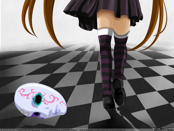 Anime picture 1600x1200 with checkered floor bad proportions thighhighs mask tagme