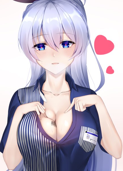 Anime picture 1760x2433 with azur lane lawson rodney (azur lane) eternity (shadeh) single long hair tall image looking at viewer blush fringe highres breasts open mouth blue eyes light erotic simple background hair between eyes large breasts white background payot