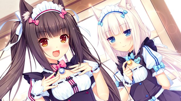 Anime picture 1280x720 with neko paradise neko works (studio) vanilla (nekopara) chocola (nekopara) sayori long hair looking at viewer blush fringe breasts open mouth blue eyes black hair wide image twintails multiple girls brown eyes animal ears pink hair cleavage