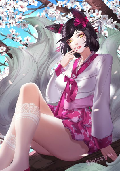 Anime picture 908x1289 with league of legends ahri (league of legends) academy ahri (league of legends) gu-ko citemer single tall image short hair light erotic black hair animal ears yellow eyes tail traditional clothes japanese clothes legs fox girl multiple tails girl socks white socks