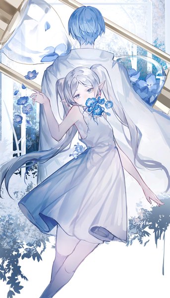 Anime picture 3000x5250 with sousou no frieren frieren himmel (sousou no frieren) layla 836829767 long hair tall image looking at viewer highres short hair twintails blue hair silver hair pointy ears sleeveless back to back girl dress boy flower (flowers) white dress