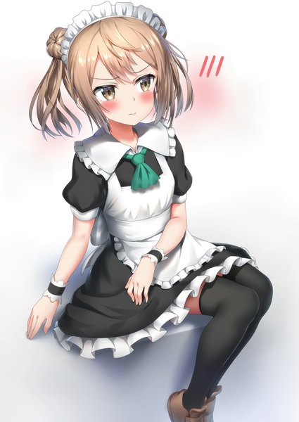 Anime picture 2507x3541 with kantai collection michishio destroyer nedia (nedia region) single tall image blush highres short hair simple background brown hair white background sitting twintails brown eyes looking away short sleeves maid hair bun (hair buns) embarrassed puffy sleeves