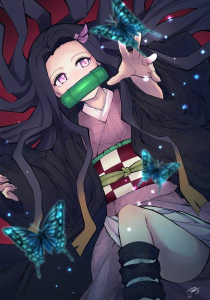 Anime picture 1000x1427 with kimetsu no yaiba ufotable kamado nezuko hetchhog tw single long hair tall image black hair simple background holding signed lying traditional clothes japanese clothes pink eyes wide sleeves sparkle on back mouth hold sleeves past wrists