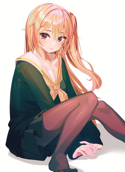Anime picture 2473x3393 with original munseonghwa single long hair tall image looking at viewer blush fringe highres simple background hair between eyes red eyes brown hair payot bent knee (knees) long sleeves no shoes one side up girl skirt