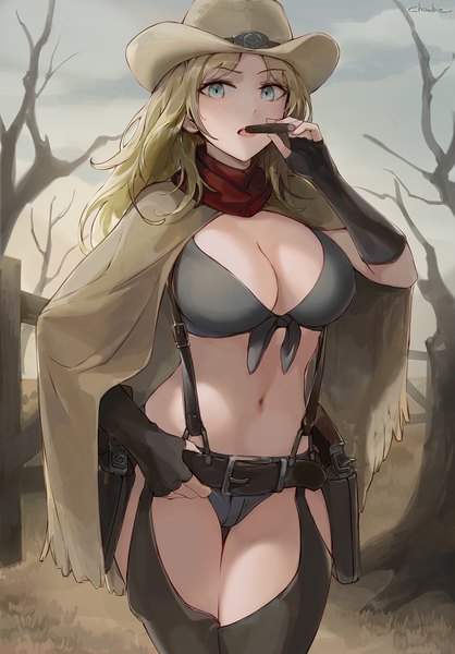 Anime-Bild 1000x1434 mit original chowbie single long hair tall image looking at viewer blush fringe breasts open mouth blue eyes light erotic blonde hair large breasts standing holding signed outdoors front-tie top bare tree