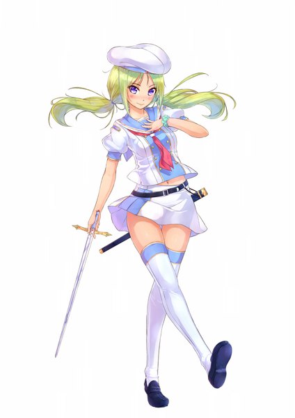 Anime picture 1446x2046 with original kazeno single long hair tall image looking at viewer blush blue eyes simple background white background green hair girl thighhighs skirt weapon miniskirt white thighhighs sword beret
