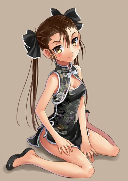 Anime picture 566x800 with original katahira masashi single long hair tall image looking at viewer blush simple background smile brown hair sitting twintails cleavage wariza chinese clothes brown background girl bow hair bow chinese dress