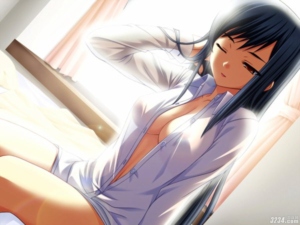 Anime picture 1600x1200 with amano yuu single long hair fringe breasts light erotic black hair brown eyes one eye closed wink sunlight aqua hair open clothes open shirt legs girl shirt window white shirt bedroom
