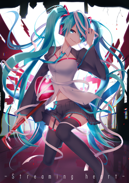 Anime picture 1736x2454 with vocaloid hatsune miku haizome senri single tall image looking at viewer fringe highres smile hair between eyes twintails bent knee (knees) long sleeves very long hair head tilt pleated skirt arm up aqua eyes aqua hair wide sleeves