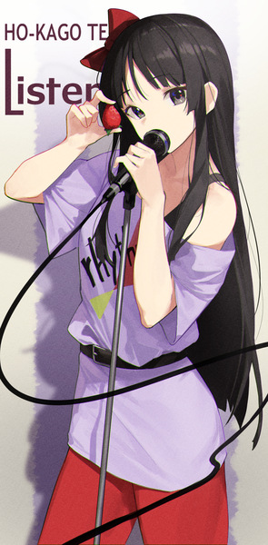Anime picture 1054x2138 with k-on! kyoto animation akiyama mio star741 single long hair tall image looking at viewer fringe black hair simple background standing holding payot blunt bangs head tilt black eyes off shoulder arms up shadow