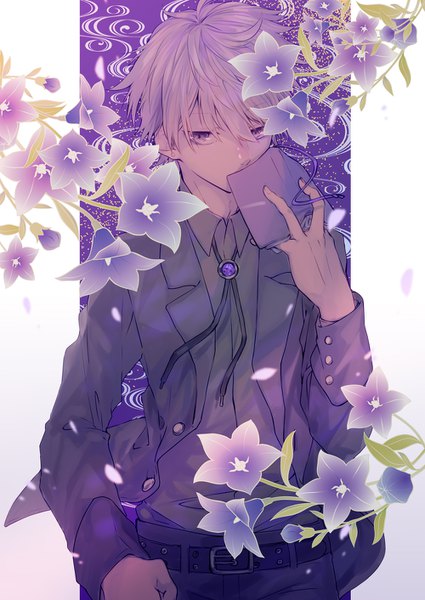 Anime picture 1000x1412 with original miike single tall image looking at viewer fringe short hair hair between eyes standing purple eyes holding purple hair long sleeves covered mouth boy flower (flowers) shirt belt book (books) gem