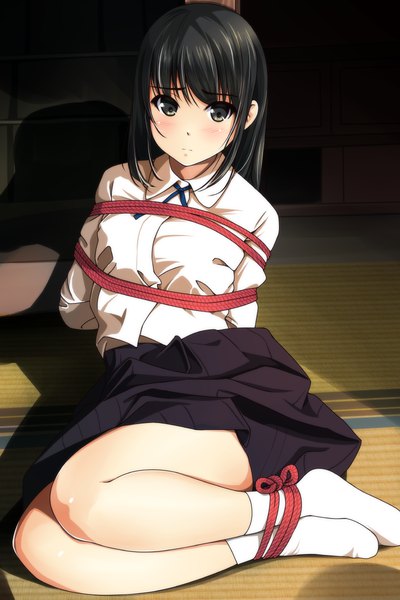 Anime picture 800x1200 with original matsunaga kouyou single long hair tall image looking at viewer blush light erotic black hair full body bent knee (knees) indoors pleated skirt black eyes shadow no shoes hands behind back bondage girl skirt