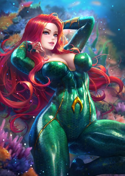 Anime picture 2480x3508 with dc comics mera (dc) nudtawut thongmai single long hair tall image looking at viewer blush highres breasts blue eyes light erotic large breasts cleavage bent knee (knees) red hair realistic arms up lipstick adjusting hair